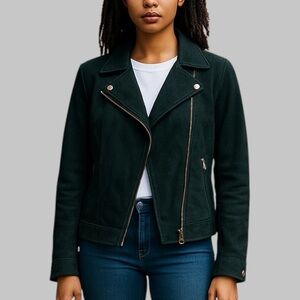 Isaac Mizrahi Suede Leather Moto Jacket in Dark Green